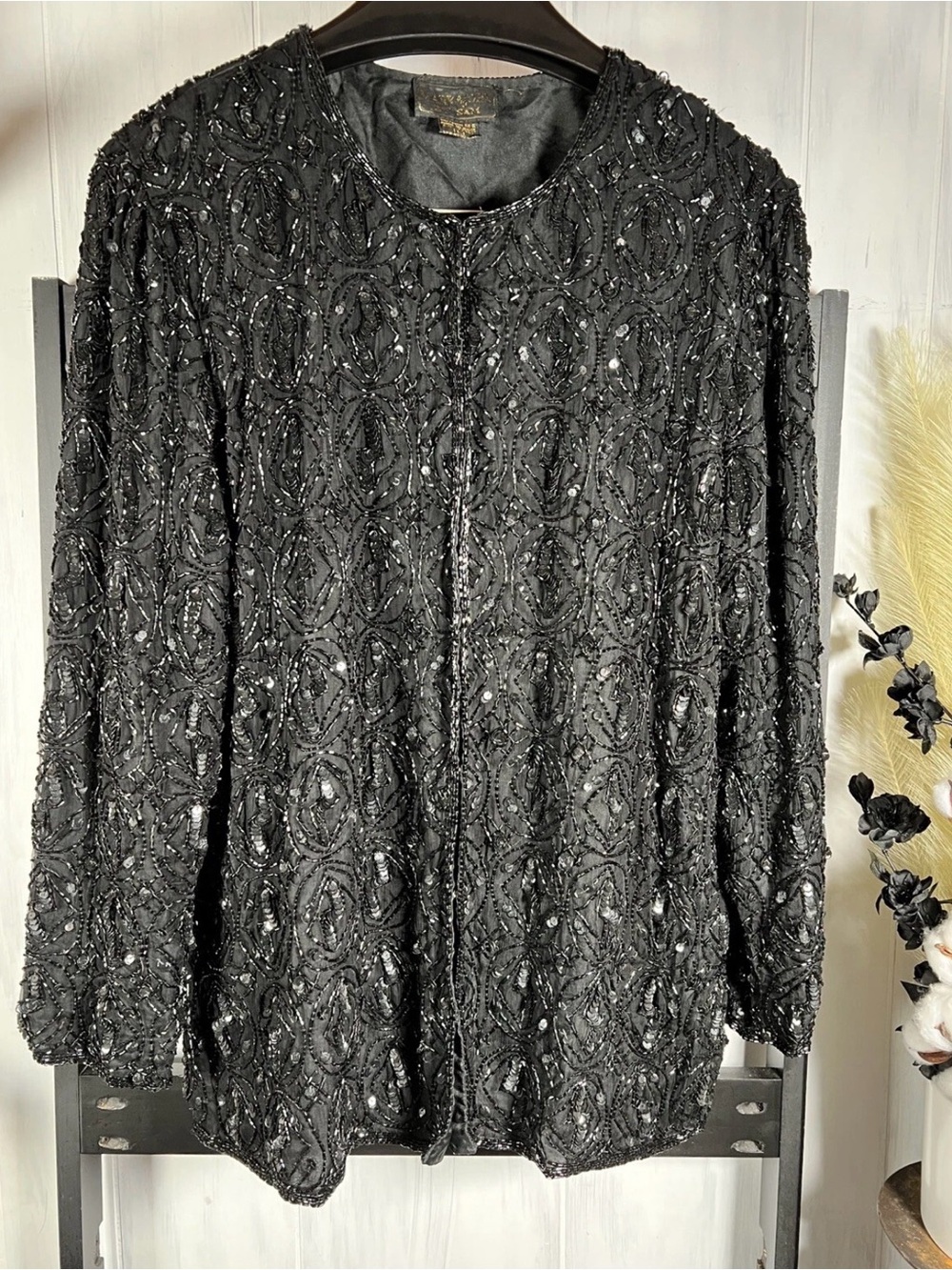 Vintage 100% Silk Black Beaded & Sequins Evening Blazer Jacket, large, glam rock